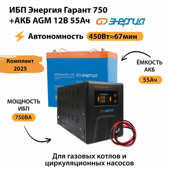 ИБП для котла Энергия Гарант 750 + Аккумулятор 55 Ач 12 В (450Вт - 67мин) - ИБП и АКБ - ИБП для котлов - omvolt.ru